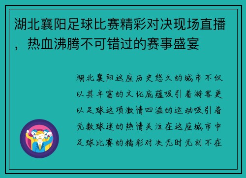 湖北襄阳足球比赛精彩对决现场直播，热血沸腾不可错过的赛事盛宴